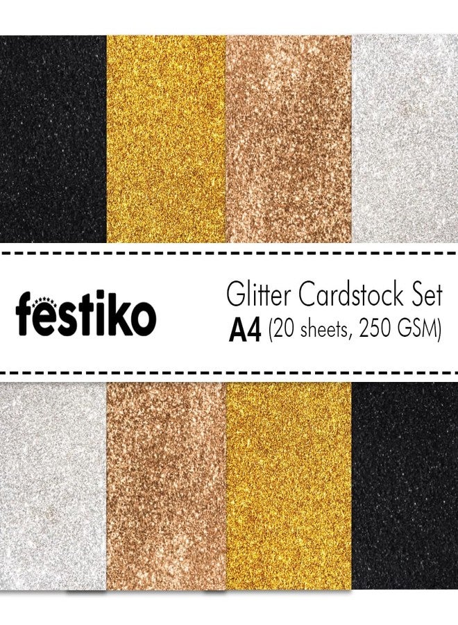 Festiko® Black/Bronze/Gold/Silver Glitter Cardstock Sheets (Pack of 20, A4, 250 Gsm), Premium Glitter Paper for Crafts, A4 Glitter Card Stock for DIY Projects - Image 1